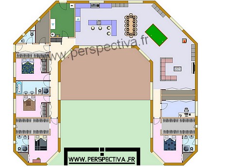 plan maison bois U 4 chambres plain-pied